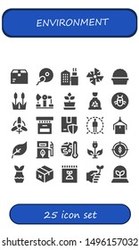 environment icon set. 25 filled environment icons.  Simple modern icons about  - Package, Fertilization, Factory, Windmill, Plant, Reed, Derrick, Garbage, Bug, Wind, Box, Target