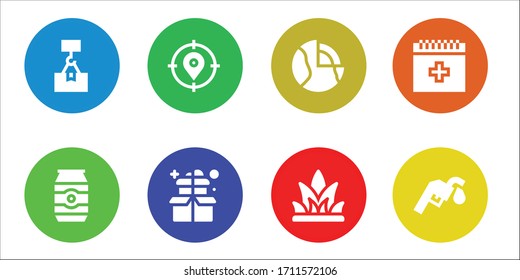 conjunto de iconos de entorno. 8 iconos de entorno rellenos. Incluye los iconos de los paquetes, Can, Target, Box, Geothermérmica, Grasa, Sangre, Estación de Gas