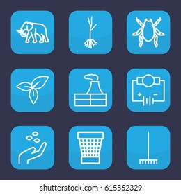 Environment icon. set of 9 outline environment icons such as beetle, elephant, hand with seeds, factory, trash bin, rake, sprout, leaf