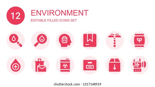 environment icon set. Collection of 12 filled environment icons included Blood, Drop, Delete, Box, Palm tree, Recycle bin, Waste, Fertilizer, Rock