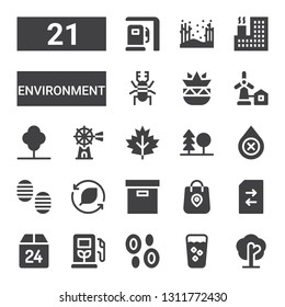 conjunto de iconos de entorno. Colección de 21 íconos rellenos de ambiente incluyen Árbol, Fresco, Sangre, Estación de Gas, Caja, Cambio, Paquete, Hoja, Huella, Bosque, Molino de Viento, Éolico, Botánico