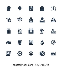 environment icon set. Collection of 25 filled environment icons included Factory, Package, Leaf, Energy, Fuel, Target, Blood drop, Gas pump, Recycling bin, Blood, Boxes, Windmill