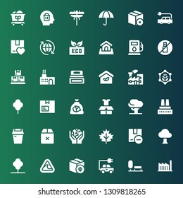 environment icon set. Collection of 36 filled environment icons included Factory, Park, Energy, Package, Tsunami, Tree, Leaf, Ecology, Box, Trash, Coal, Pollution, Eco house, Boxes