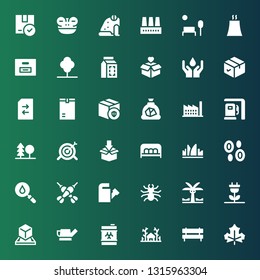 environment icon set. Collection of 36 filled environment icons included Leaf, Bench, Forest, Waste, Watering can, Box, Renewable energy, Palm tree, Beetle, Darts, Blood, Grass
