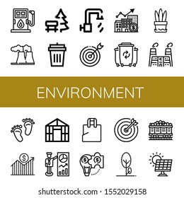 environment icon set. Collection of Fuel, Power plant, Bench, Garbage bin, Hot water, Target, Growth, Waste, Plant, Factory, Footprint, Greenhouse, Plastic bag, Hybrid solution icons
