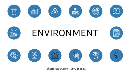 environment icon set. Collection of Trash, Growth, Flammable, Boxes, Mine cart, Tank, Target, Wind turbine, Tree, Solar panel, Plant, Pollution, Fuel icons