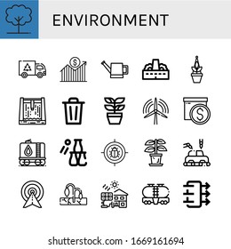 environment icon set. Collection of Tree, Garbage, Growth, Watering can, Factory, Plant, Dam, Bin, Wind turbine, Box, Tank, Bottle throw, Target, Manufacture, Drought, Solar cell icons
