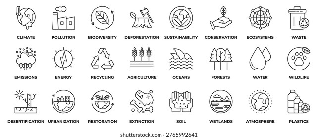 Environment Icon Set. Containing icon environment, climate, pollution, biodiversity, deforestation, sustainability, conservation, ecosystems, waste and more. Outline Style Icon Vector Illustration.