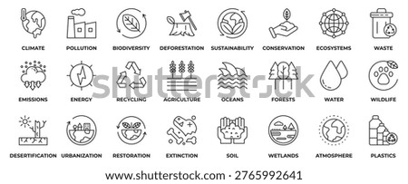Environment Icon Set. Containing icon environment, climate, pollution, biodiversity, deforestation, sustainability, conservation, ecosystems, waste and more. Outline Style Icon Vector Illustration.