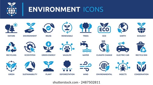 Conjunto de iconos de entorno. Contiene reciclaje, planta, naturaleza, eco, tierra, energía verde, árboles, ecología y más. Iconos de vector sólido colección.