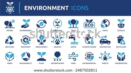 Environment icon set. Containing recycling, plant, nature, eco, earth, green energy, trees, ecology and more. Solid vector icons collection.