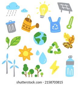 Environment Icon Set Cute Flat Outline Doodle Hand Drawing Style Decoration Element Symbol Vector Illustration, sun, solar cell, earth, watering pot, Plastic Bag, greenhouse, tree, turbine, Bottle