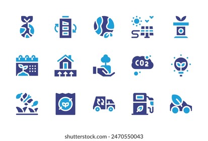 Environment icon set. Duotone color. Vector illustration. Containing ecolight, planetearth, ecocar, politics, worldenvironmentday, environment, greenenergy, globe, geothermalenergy, recyclingtruck.