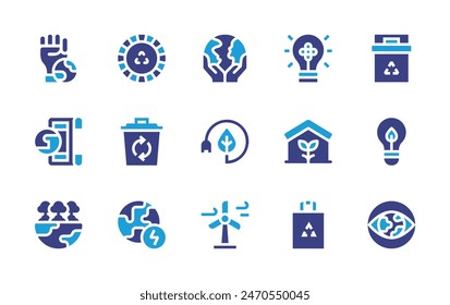 Environment icon set. Duotone color. Vector illustration. Containing earth, energysaving, vision, agreement, ecohouse, forest, recycle, windenergy, ecopackaging, eco, motherearthday, planetearth.