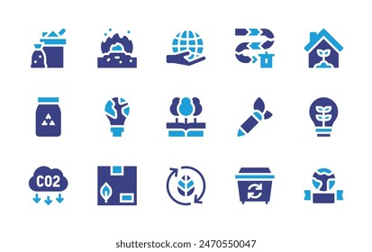 Environment icon set. Duotone color. Vector illustration. Containing ecopackaging, worldwide, science, leaf, worldenvironmentday, coemission, saveenergy, cleanenergy, incineration, pencil, glass.