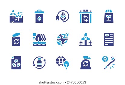 Environment icon set. Duotone color. Vector illustration. Containing sustainable, renewableenergy, planetearth, recycledpaper, recyclebottle, forest, document, garbage, windpower, biodegradable.