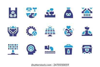 Environment icon set. Duotone color. Vector illustration. Containing environment, solarpanel, thinkgreen, world, tyre, waste, planet, farming, glass, worldtrade, bag, nature, garbagebag, recycling. 