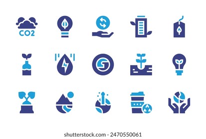 Environment icon set. Duotone color. Vector illustration. Containing candle, ecology, plantatree, atmosphere, responsability, greenenergy, pottingsoil, co, bulb, mountain, battery, reusable.