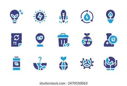 Environment icon set. Duotone color. Vector illustration. Containing ecology, savetheplanet, hydropower, battery, earthday, startup, biology, renewableenergy, garbagecan, greeninnovation, greenearth.