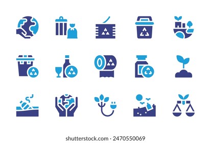 Environment icon set. Duotone color. Vector illustration. Containing sprout, law, sustainable, recyclingbin, world, ecoenergy, marinedebris, dump, ecology, tissuepaper, glassrecycling, recyclecan.