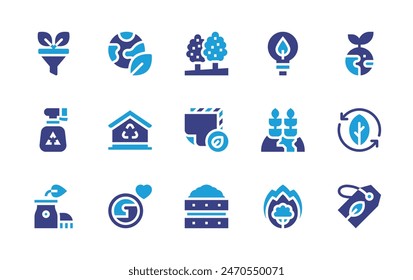 Conjunto de iconos de entorno. Color duotono. Ilustración vectorial. Conteniendo el medio ambiente, el ecohouse, la ecología, la tierra, el día mundial del medio ambiente, la energía nuclear, el compost, la ecoenergía, la tela respetuosa del medio ambiente, el reciclaje, el crecimiento.