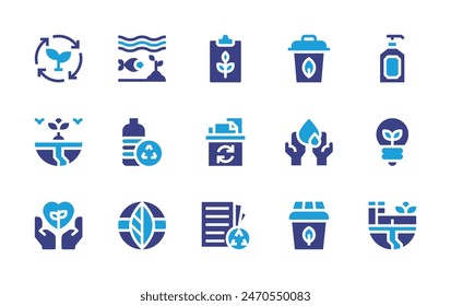 Environment icon set. Duotone color. Vector illustration. Containing ecopackaging, sea, ecolight, factory, recycle, paper, sustainability, clipboard, plastic, greenearth, plant, bin, compost, earth.
