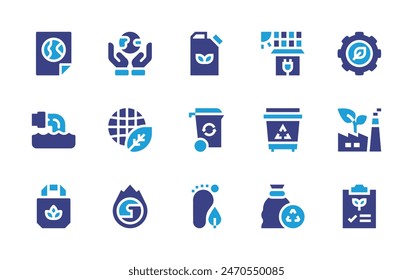 Environment icon set. Duotone color. Vector illustration. Containing worldenvironmentday, planet, globe, globalwarming, wastewater, recyclingbin, carbonfootprint, planning, gear, greenfactory.