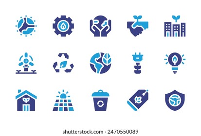 Environment icon set. Duotone color. Vector illustration. Containing ecology, solarpanel, eco, environmentprotection, ecohouse, earth, recyclebin, world, ecological, sustainable, idea, greenenergy.