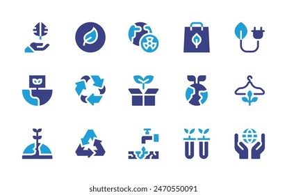 Environment icon set. Duotone color. Vector illustration. Containing world, ecofriendly, greenenergy, recycling, environment, eco, science, nuclear, ecobag, ecology, sustainable, waterscarcity, leaf. 