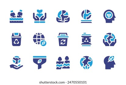 Environment icon set. Duotone color. Vector illustration. Containing sustainability, eco, awareness, environment, recyclebin, planet, tectonicplates, filter, wasteplastic, fuel, motherearthday, earth.