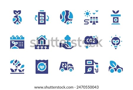 Environment icon set. Duotone color. Vector illustration. Containing ecolight, planetearth, ecocar, politics, worldenvironmentday, environment, greenenergy, globe, geothermalenergy, recyclingtruck.