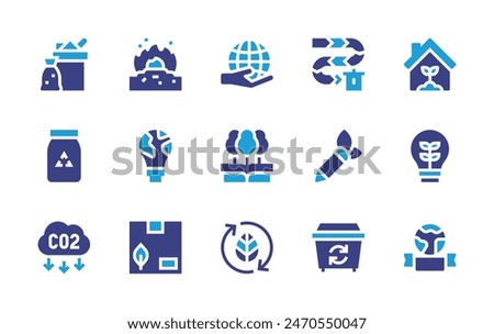 Environment icon set. Duotone color. Vector illustration. Containing ecopackaging, worldwide, science, leaf, worldenvironmentday, coemission, saveenergy, cleanenergy, incineration, pencil, glass.