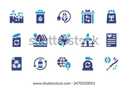 Environment icon set. Duotone color. Vector illustration. Containing sustainable, renewableenergy, planetearth, recycledpaper, recyclebottle, forest, document, garbage, windpower, biodegradable.