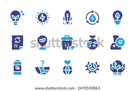 Environment icon set. Duotone color. Vector illustration. Containing ecology, savetheplanet, hydropower, battery, earthday, startup, biology, renewableenergy, garbagecan, greeninnovation, greenearth.