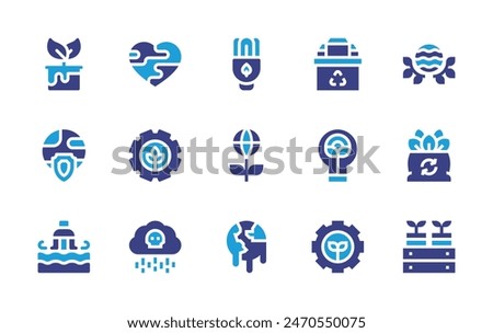 Environment icon set. Duotone color. Vector illustration. Containing environmentprotection, love, ecology, globalwarming, cleansea, dye, sustainability, greenenergy, box, saving, organic, cleanenergy.