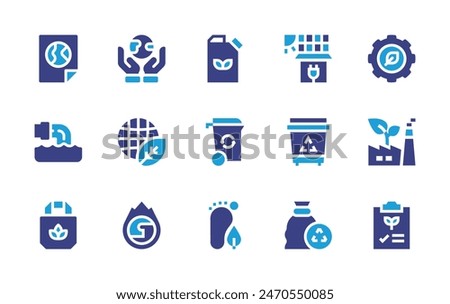Environment icon set. Duotone color. Vector illustration. Containing worldenvironmentday, planet, globe, globalwarming, wastewater, recyclingbin, carbonfootprint, planning, gear, greenfactory.