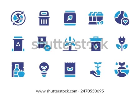 Environment icon set. Duotone color. Vector illustration. Containing ecology, greenenergy, ecologyandenvironment, compost, recycle, recyclingcontainer, windpower, nooil, earth, garbage, recycling.