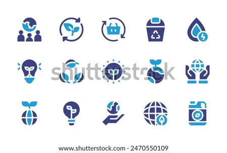 Environment icon set. Duotone color. Vector illustration. Containing ecofuel, growth, greenenergy, socialresponsibility, ecology, socialscience, sustainable, biodegradable, bulb, leaf, savetheworld.