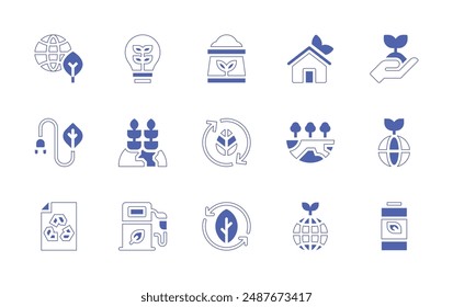 Environment icon set. Duotone style line stroke and bold. Vector illustration. Containing greenhouse, leaf, planetearth, ecoenergy, greenearth, fertilizer, cleanenergy, growth.