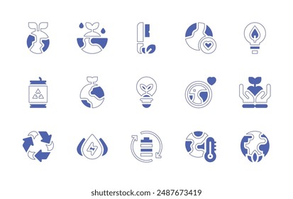 Environment icon set. Duotone style line stroke and bold. Vector illustration. Containing environment, ecologyandenvironment, globalwarming, savetheplanet, hydraulicenergy, battery.