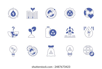 Umgebungssymbol gesetzt. Linienstrich im Duotonstil und fett. Vektorillustration. Enthalten Ökologie und Umwelt, Öko, Ozon, recycelbar, Recycling, Recycling, Windmühle, hydraulische Energie.