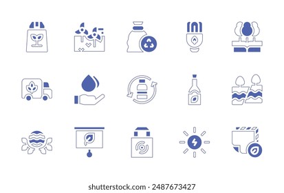 Environment icon set. Duotone style line stroke and bold. Vector illustration. Containing ecopackaging, recyclebottle, purifiedwater, distribution, biodegradable, garbage, saving, windmill.