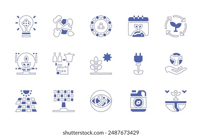 Environment icon set. Duotone style line stroke and bold. Vector illustration. Containing environment, waste, photosynthesis, pollution, ecopackaging, greenenergy, sustainable.