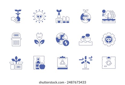 Conjunto de iconos de entorno. Trazo de línea de estilo duotono y negrita. Ilustración vectorial. Conteniendo el medio ambiente, la energía verde, la fábrica verde, la energía limpia, la agricultura, la tierra del planeta, la ecología, el cubo de basura.