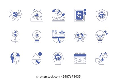 Environment icon set. Duotone style line stroke and bold. Vector illustration. Containing factory, environment, earth, ecology, earthday, incineration, bulb, recyclable.