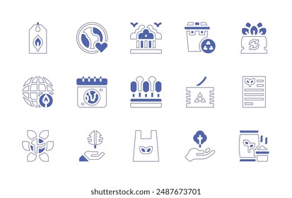 Environment icon set. Duotone style line stroke and bold. Vector illustration. Containing calendar, recyclecan, document, forest, recyclebin, worldwide, organic, nature.