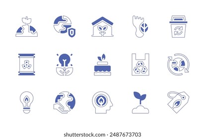 Conjunto de iconos de entorno. Trazo de línea de estilo duotono y negrita. Ilustración vectorial. Contiene huella de carbono, ecohouse, bio, protección del medio ambiente, renovable, pastel, bolsa, bin.