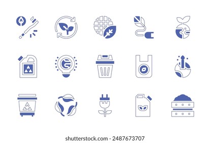 Conjunto de iconos de entorno. Trazo de línea de estilo duotono y negrita. Ilustración vectorial. Contiene ecobag, tierra, vela, globo, ecología, bombilla, electricidad, plástico, cubo de basura, eco.