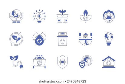 Conjunto de iconos de entorno. Trazo de línea de estilo duotono y negrita. Ilustración vectorial. Conteniendo ecohouse, tierra, protección, ahorre energía, reciclaje, contenedor, tela no protectora, reciclebin.