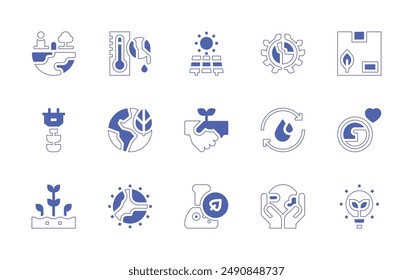 Umgebungssymbol gesetzt. Linienstrich im Duotonstil und fett. Vektorillustration. Enthalten EcoLight, WeltUmwelt, Wasser, Erde, Welt, Ökologie, Biologie, Handshake.